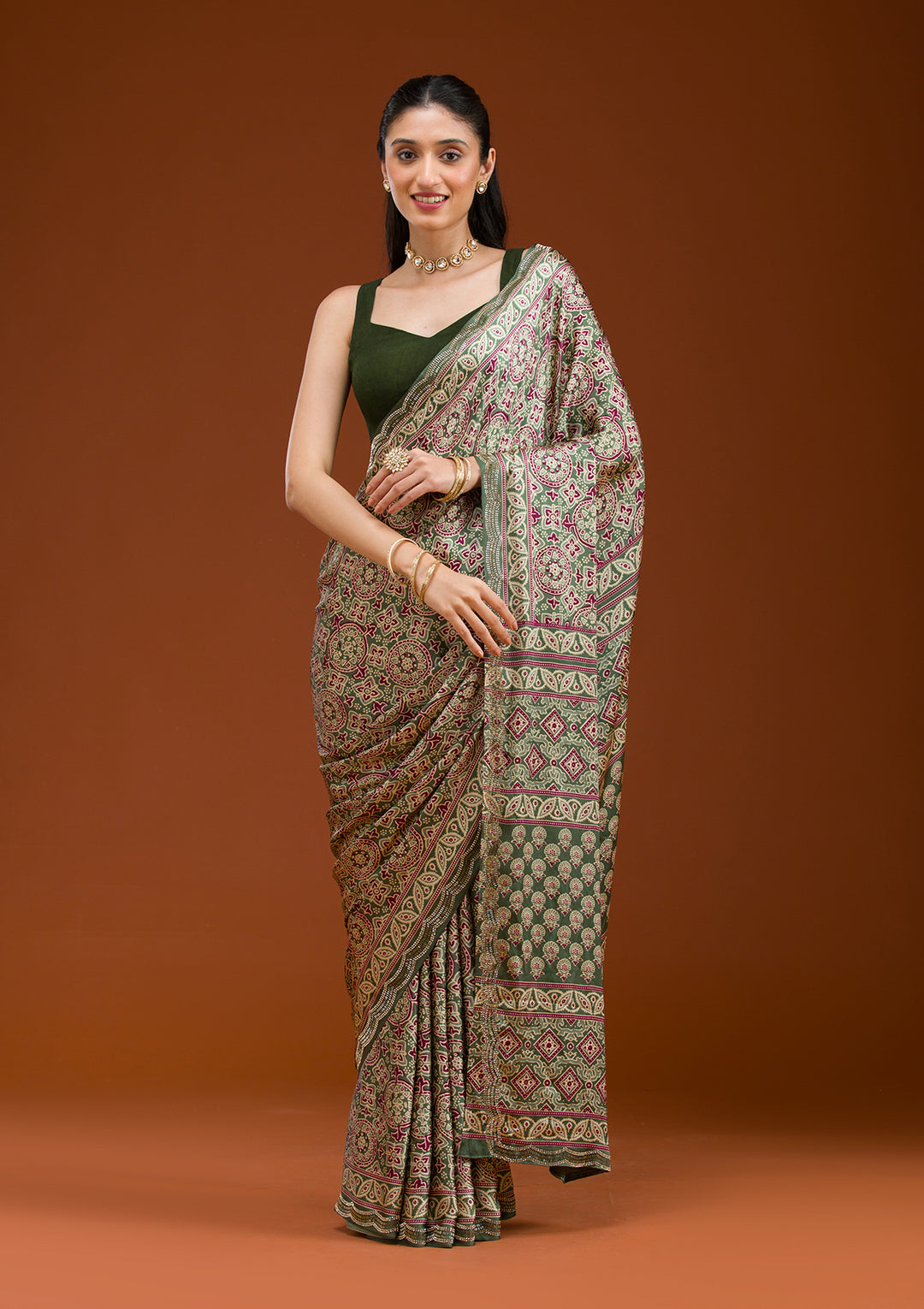 Green Printed Satin Saree