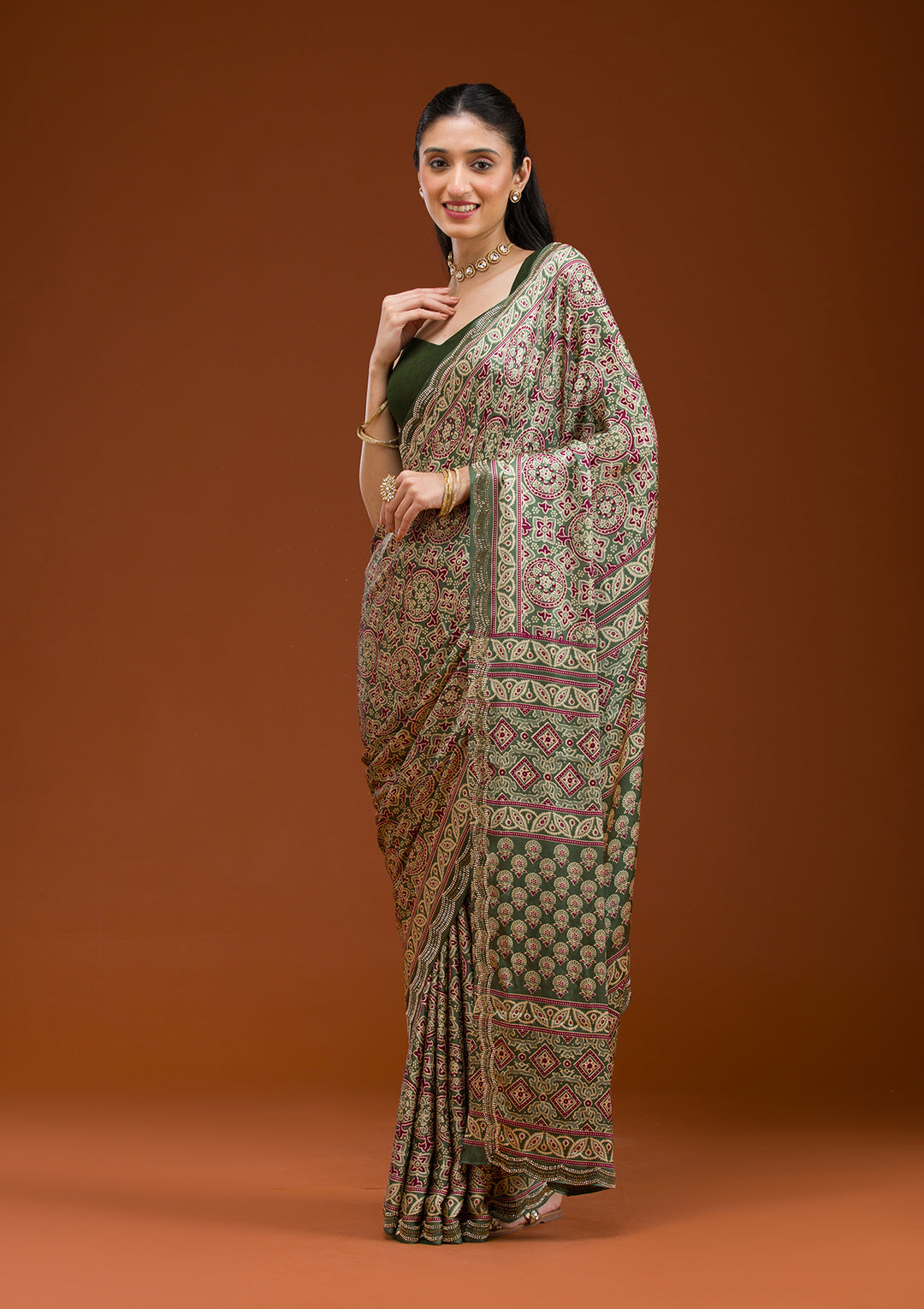 Green Printed Satin Saree
