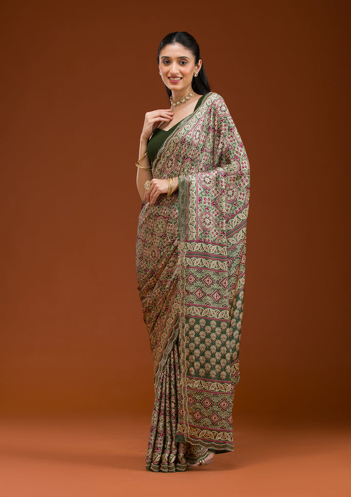 Green Printed Satin Saree