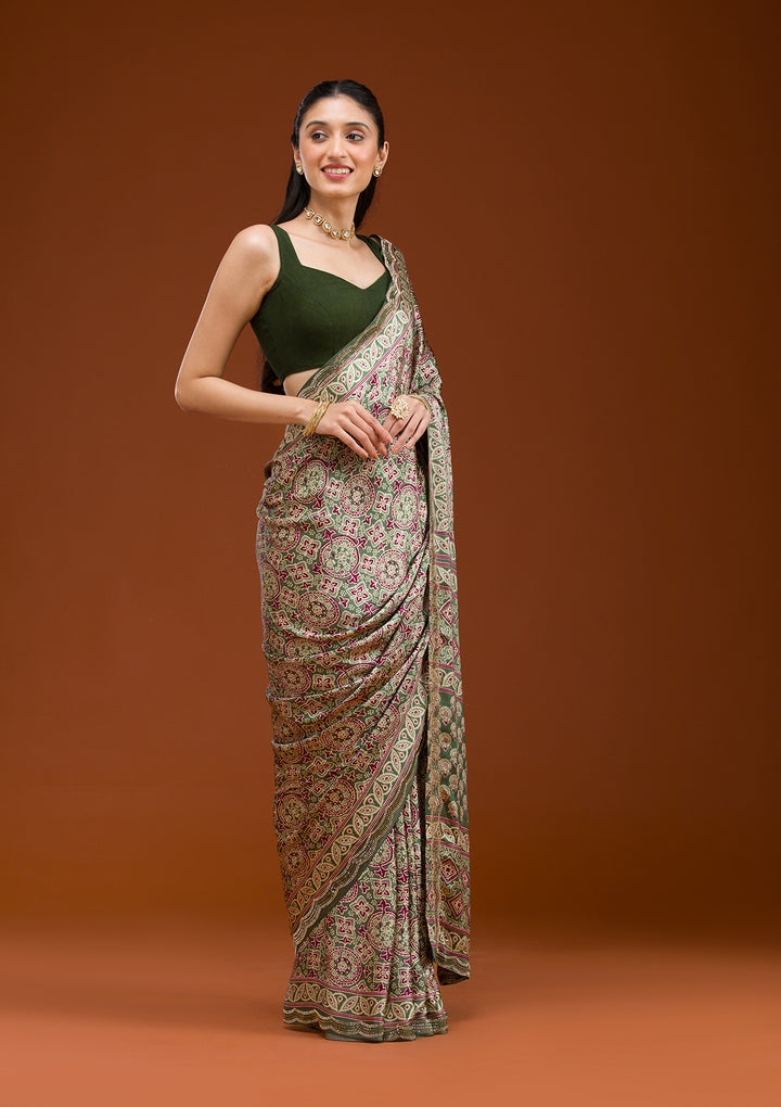 Green Printed Satin Saree