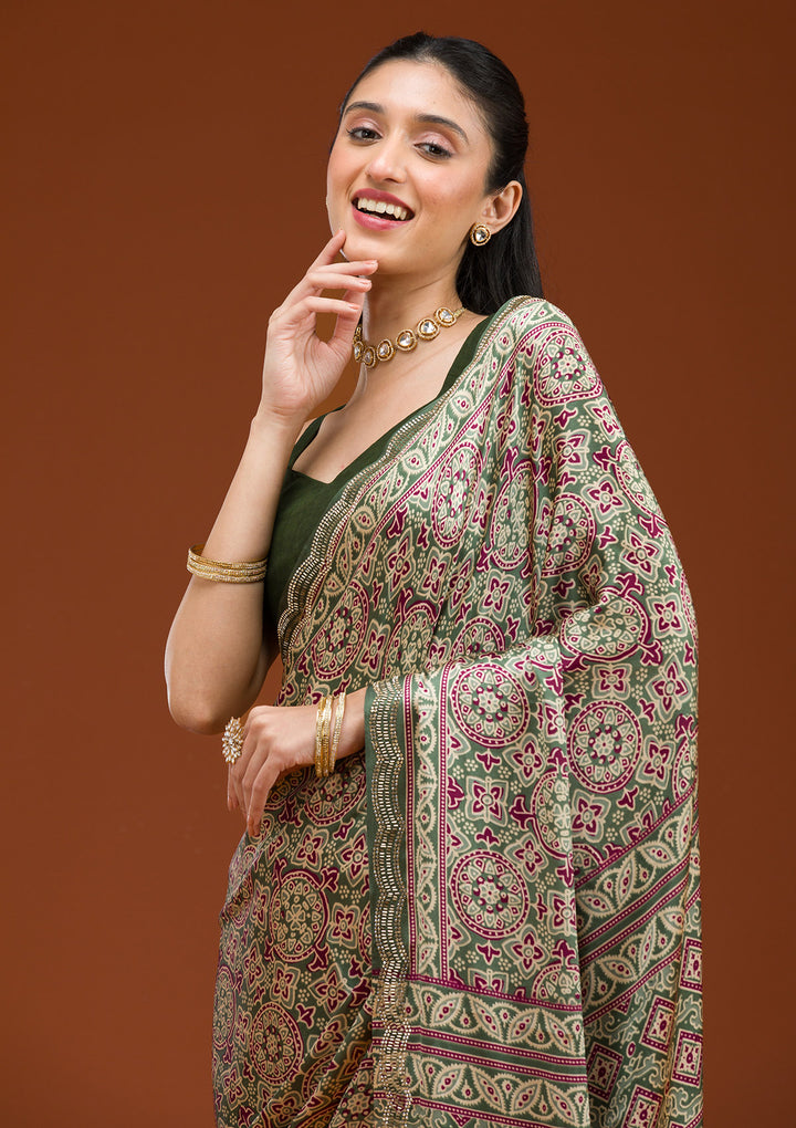 Green Printed Satin Saree