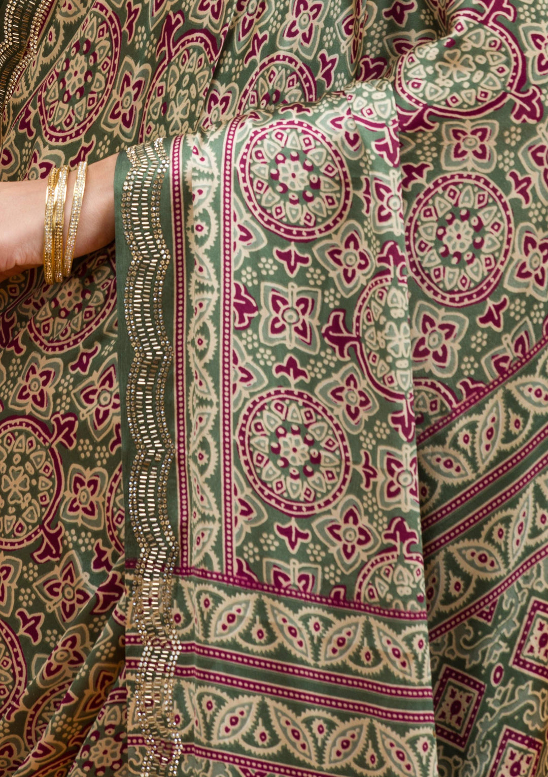 Green Printed Satin Saree