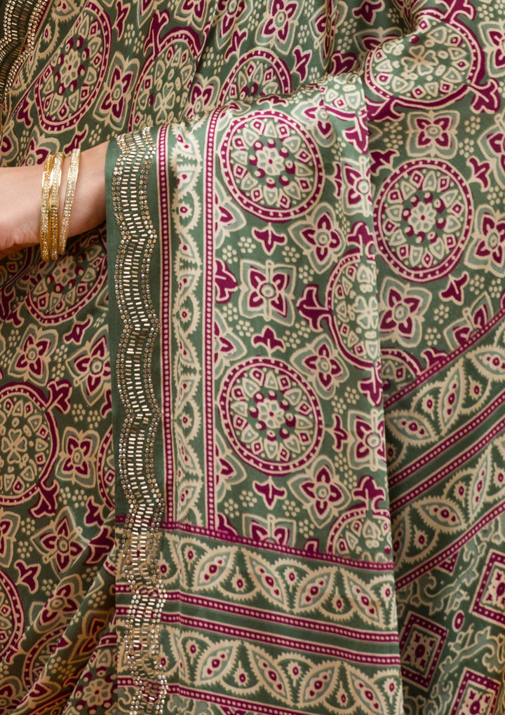 Green Printed Satin Saree