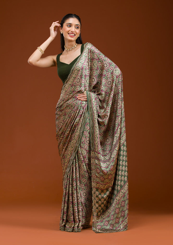 Green Printed Satin Saree