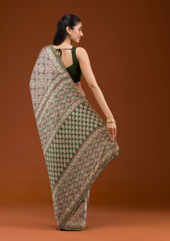 Green Printed Satin Saree