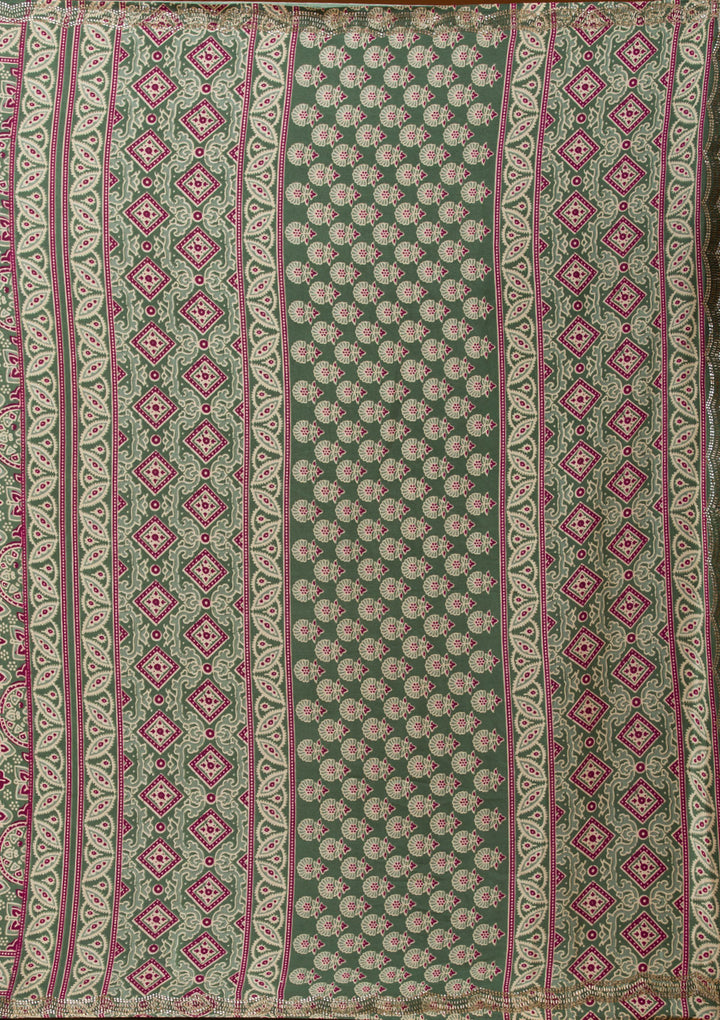 Green Printed Satin Saree