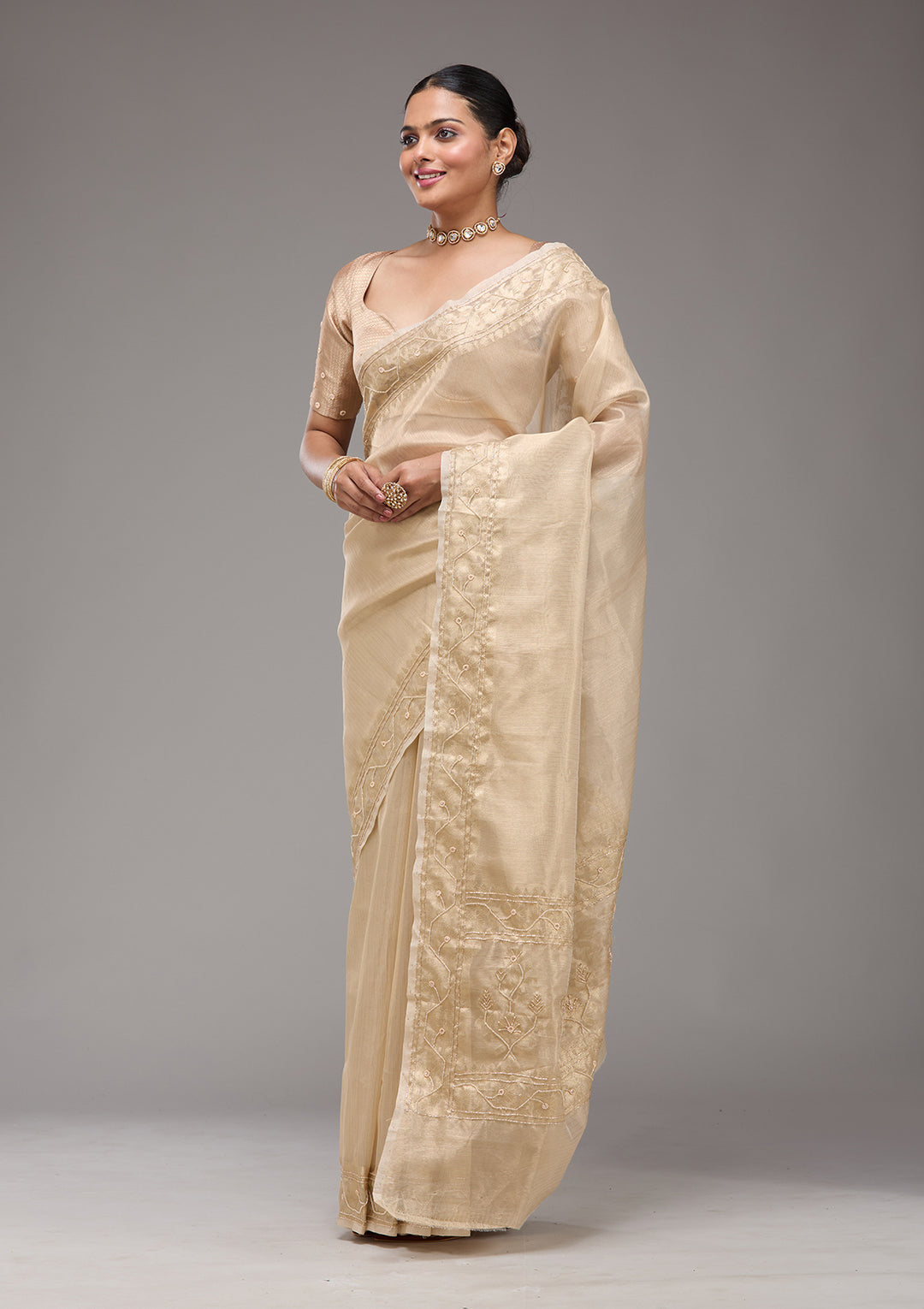Beige Zariwork Tissue Saree