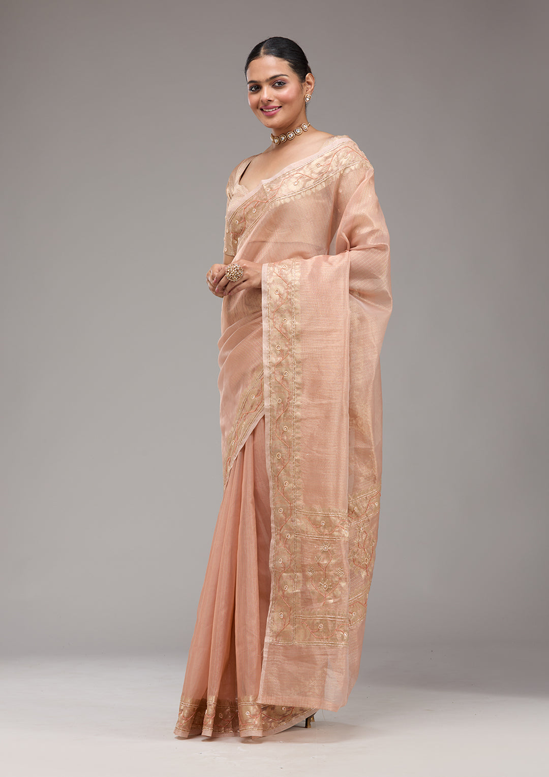 Peach Zariwork Tissue Saree