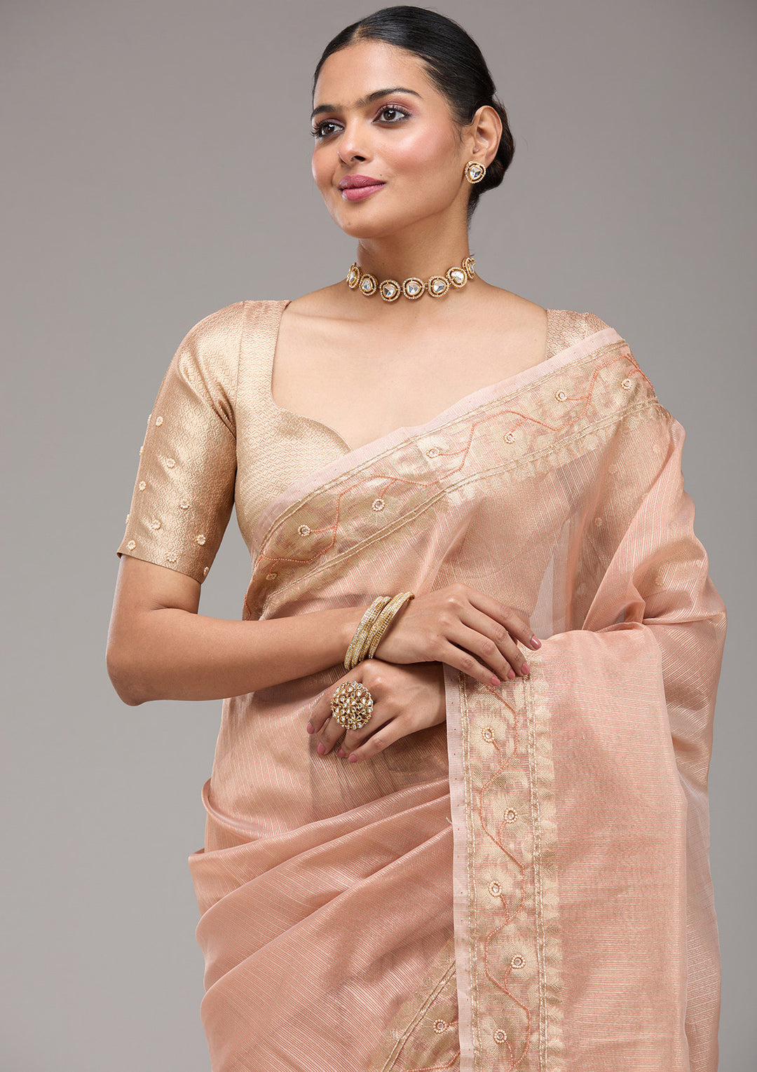 Peach Zariwork Tissue Saree