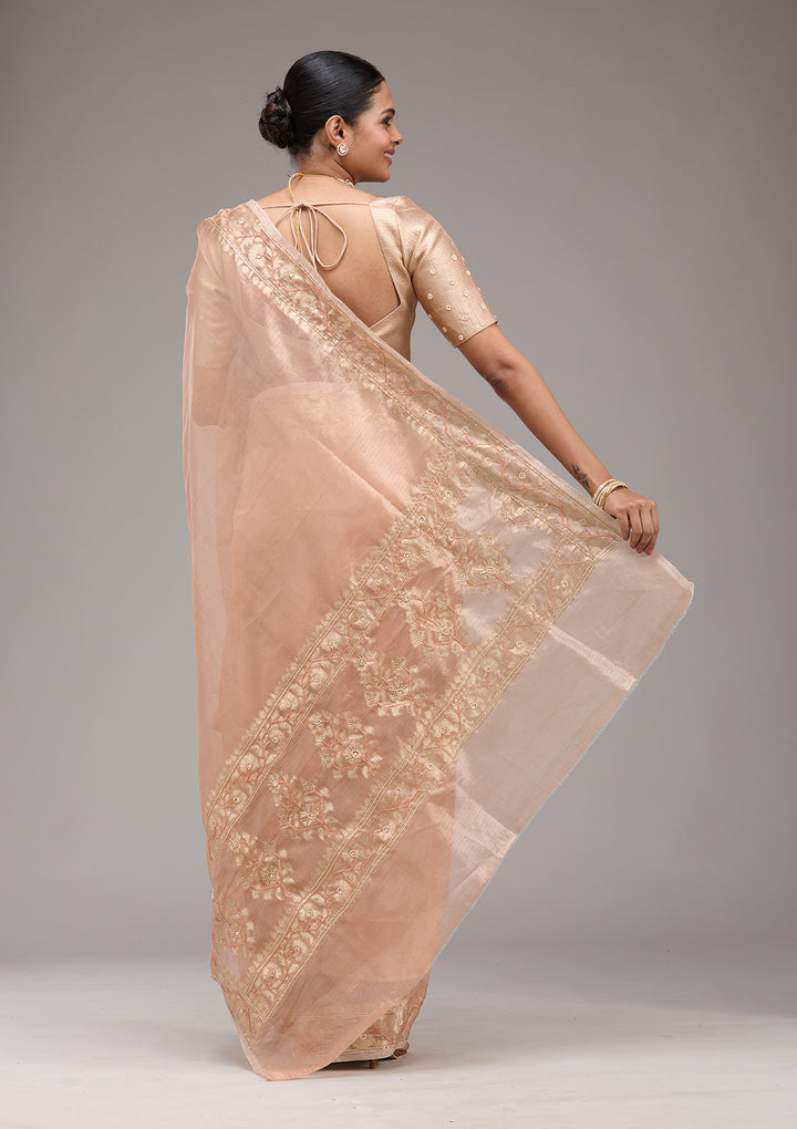 Peach Zariwork Tissue Saree
