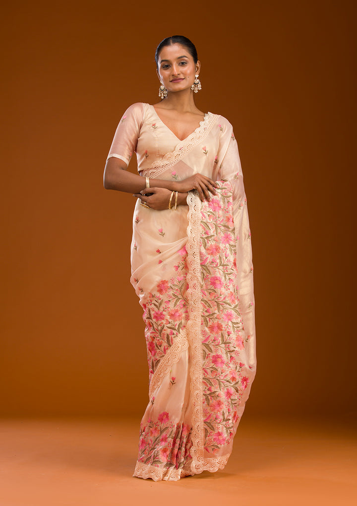 Peach Threadwork Tissue Saree