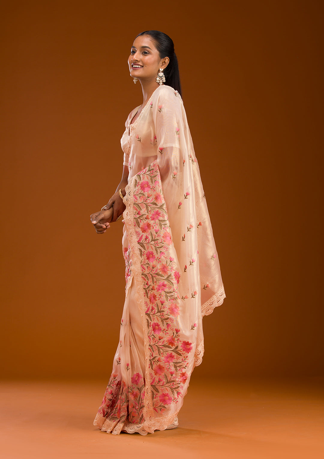 Peach Threadwork Tissue Saree