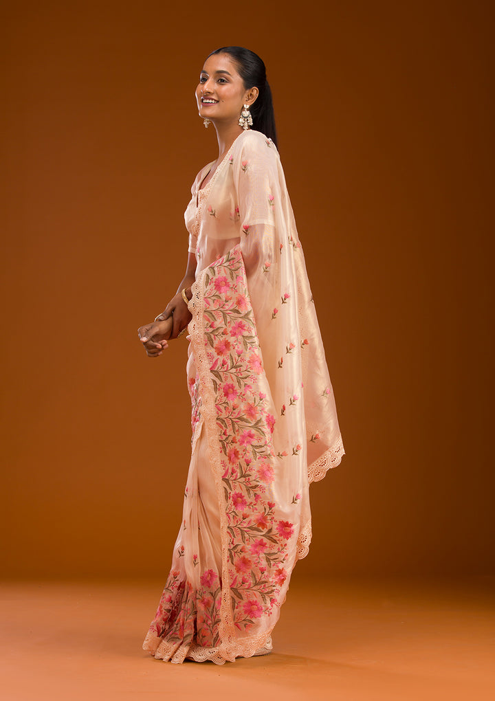 Peach Threadwork Tissue Saree