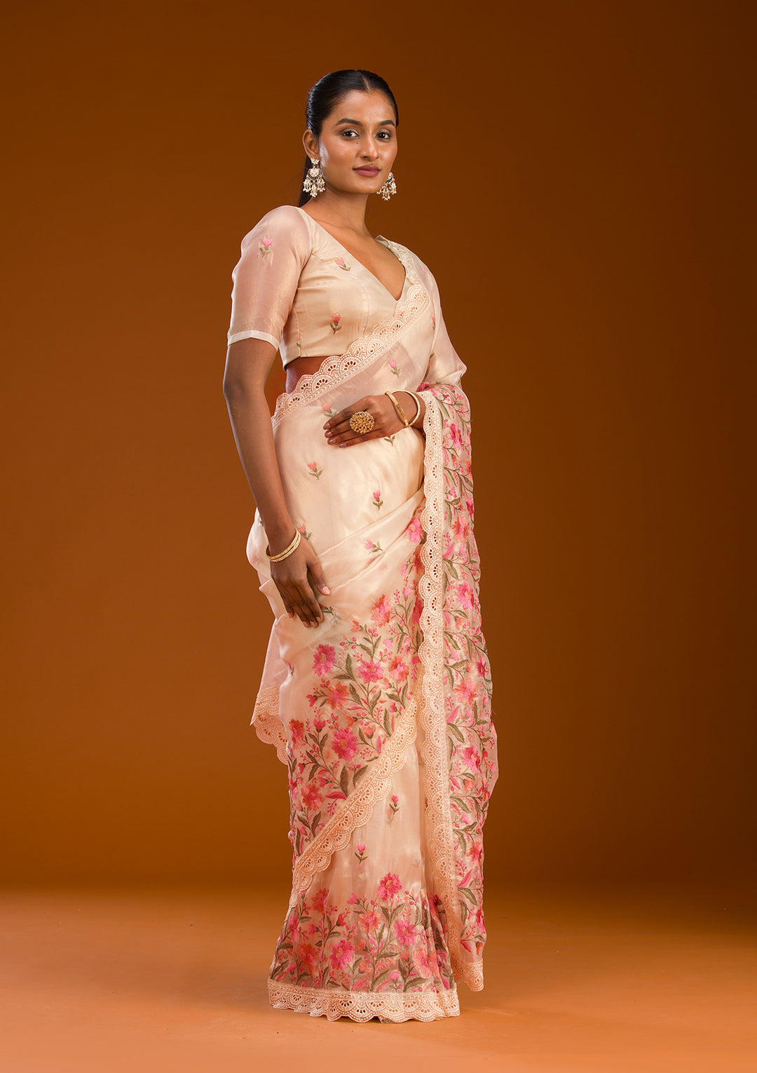 Peach Threadwork Tissue Saree