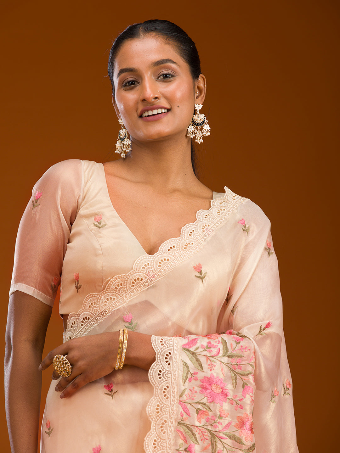 Peach Threadwork Tissue Saree