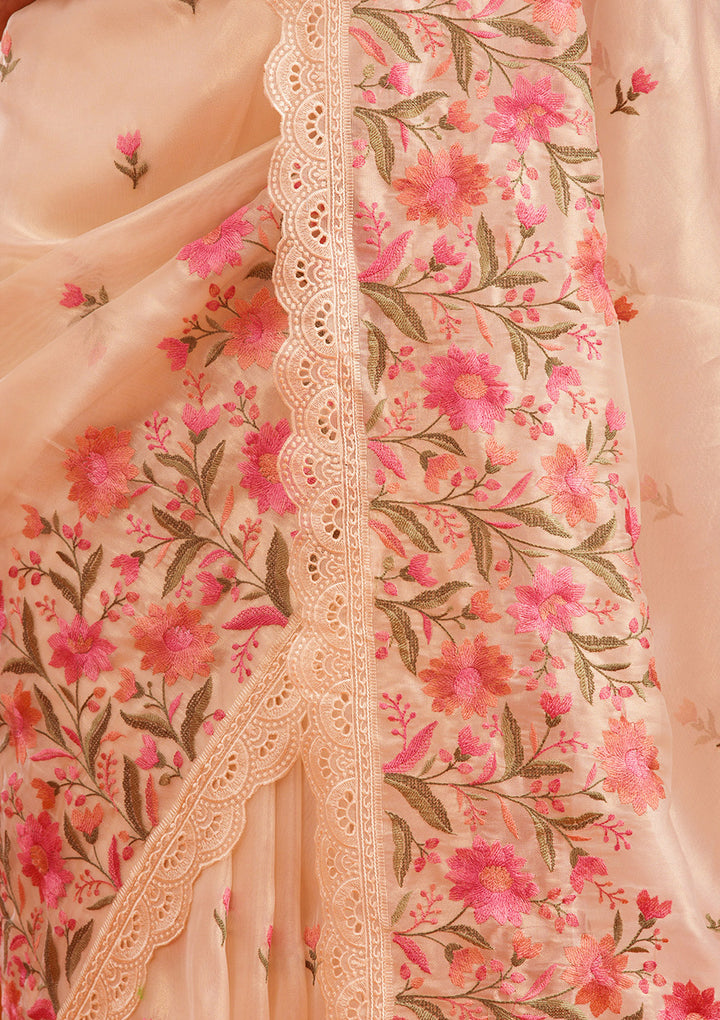 Peach Threadwork Tissue Saree