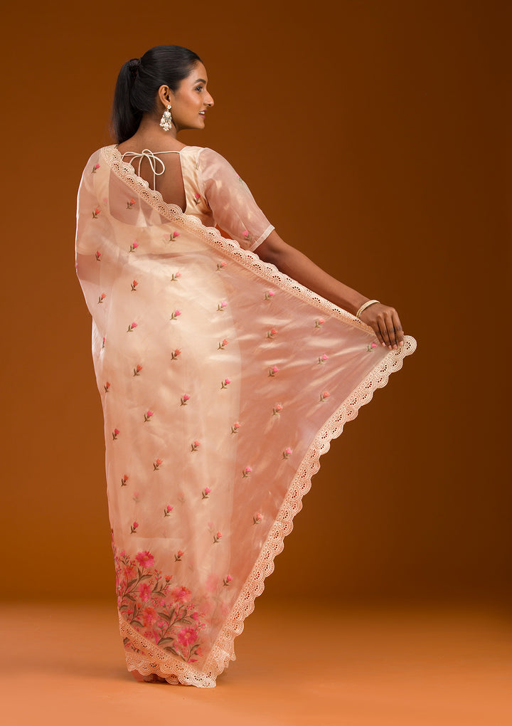 Peach Threadwork Tissue Saree
