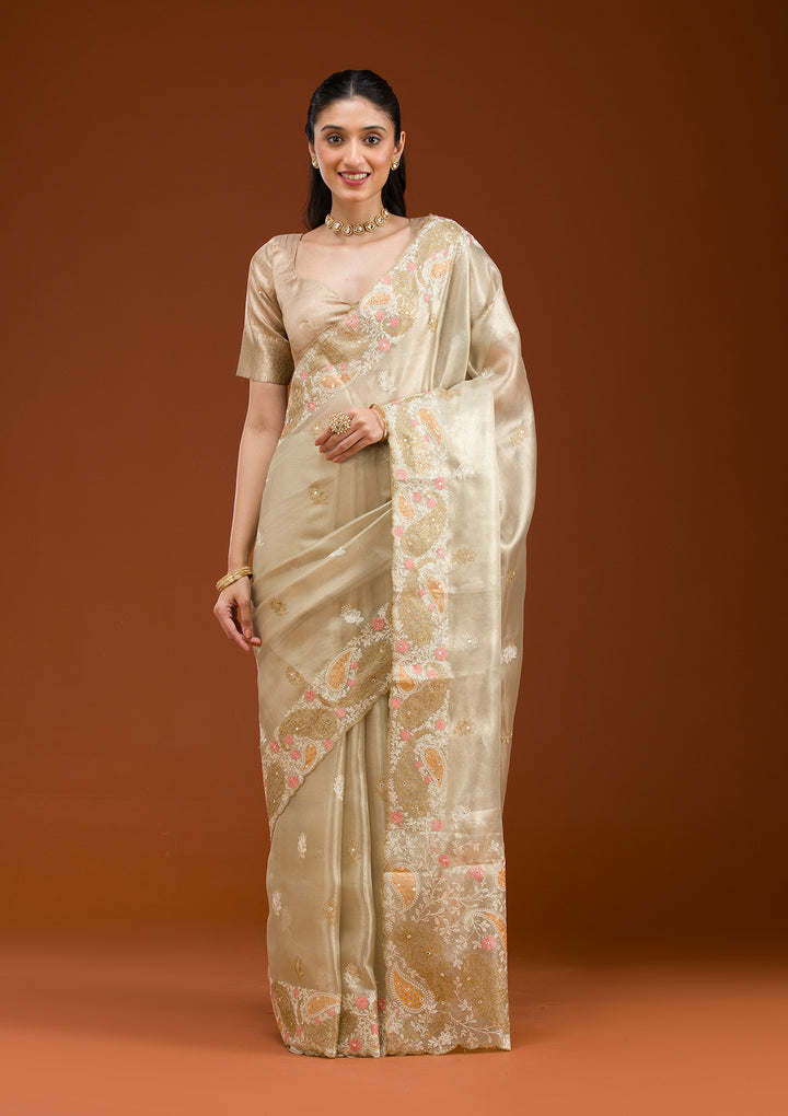 Yellow Threadwork Tissue Saree