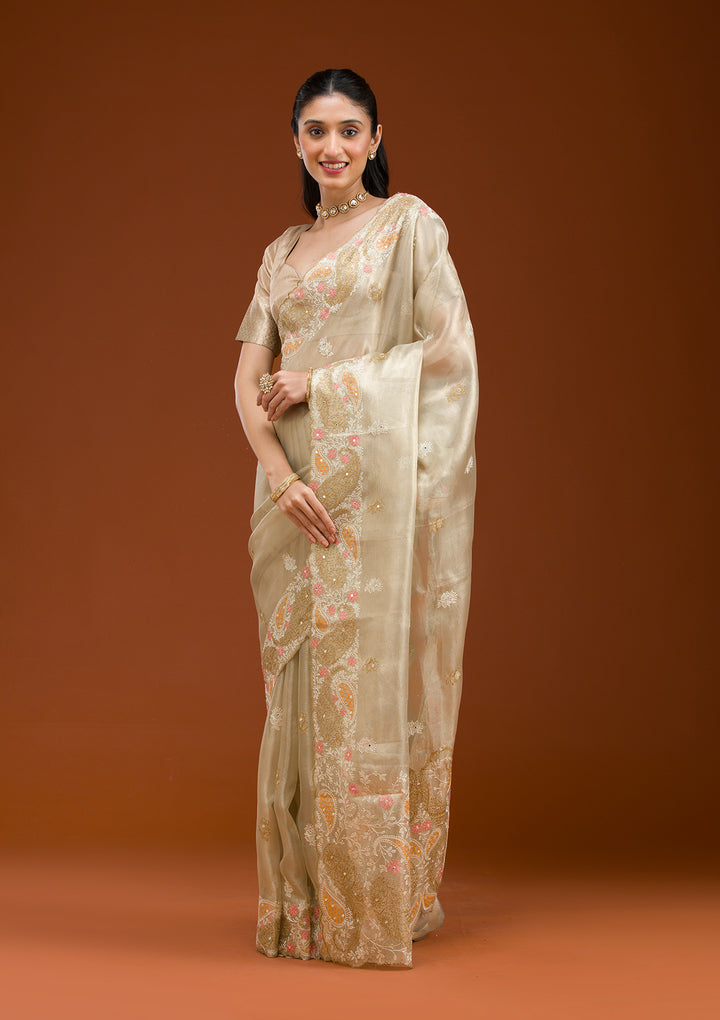 Yellow Threadwork Tissue Saree