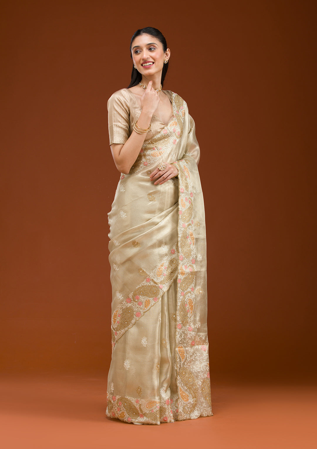Yellow Threadwork Tissue Saree
