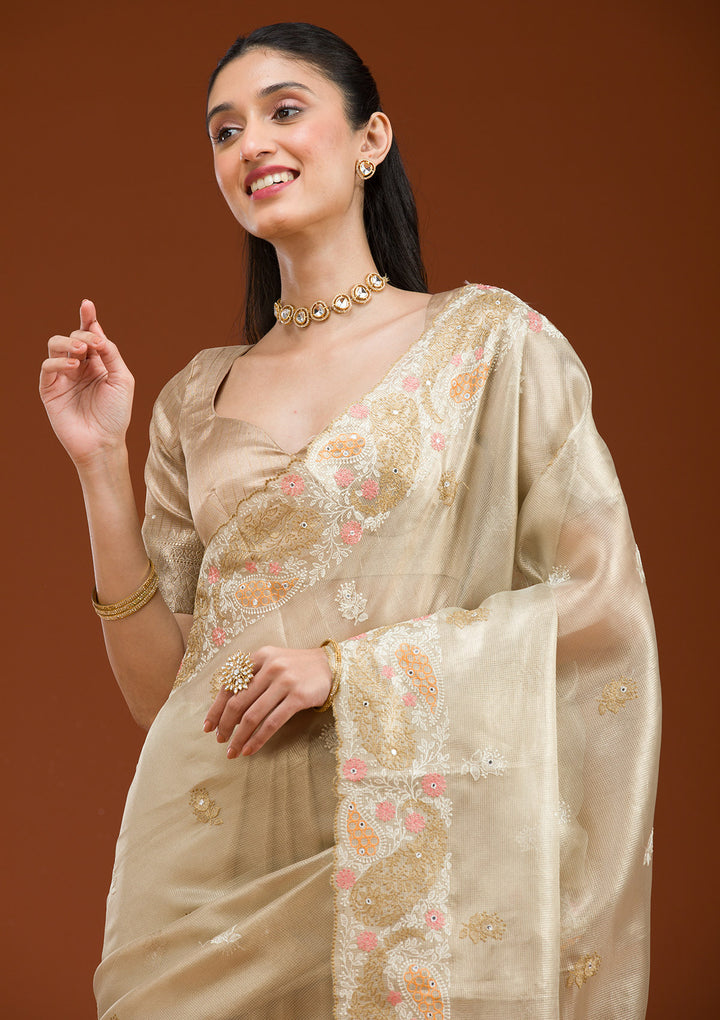 Yellow Threadwork Tissue Saree