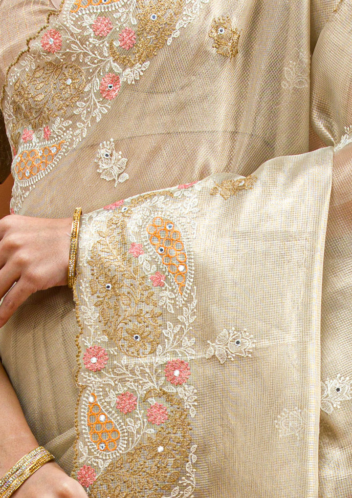Yellow Threadwork Tissue Saree