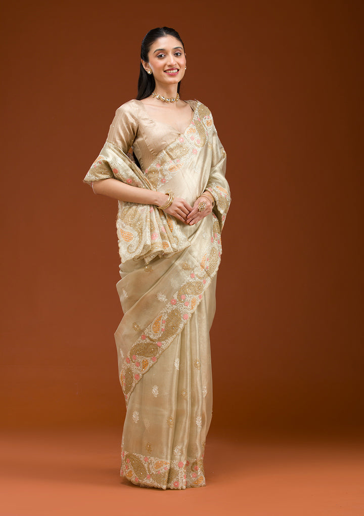Yellow Threadwork Tissue Saree