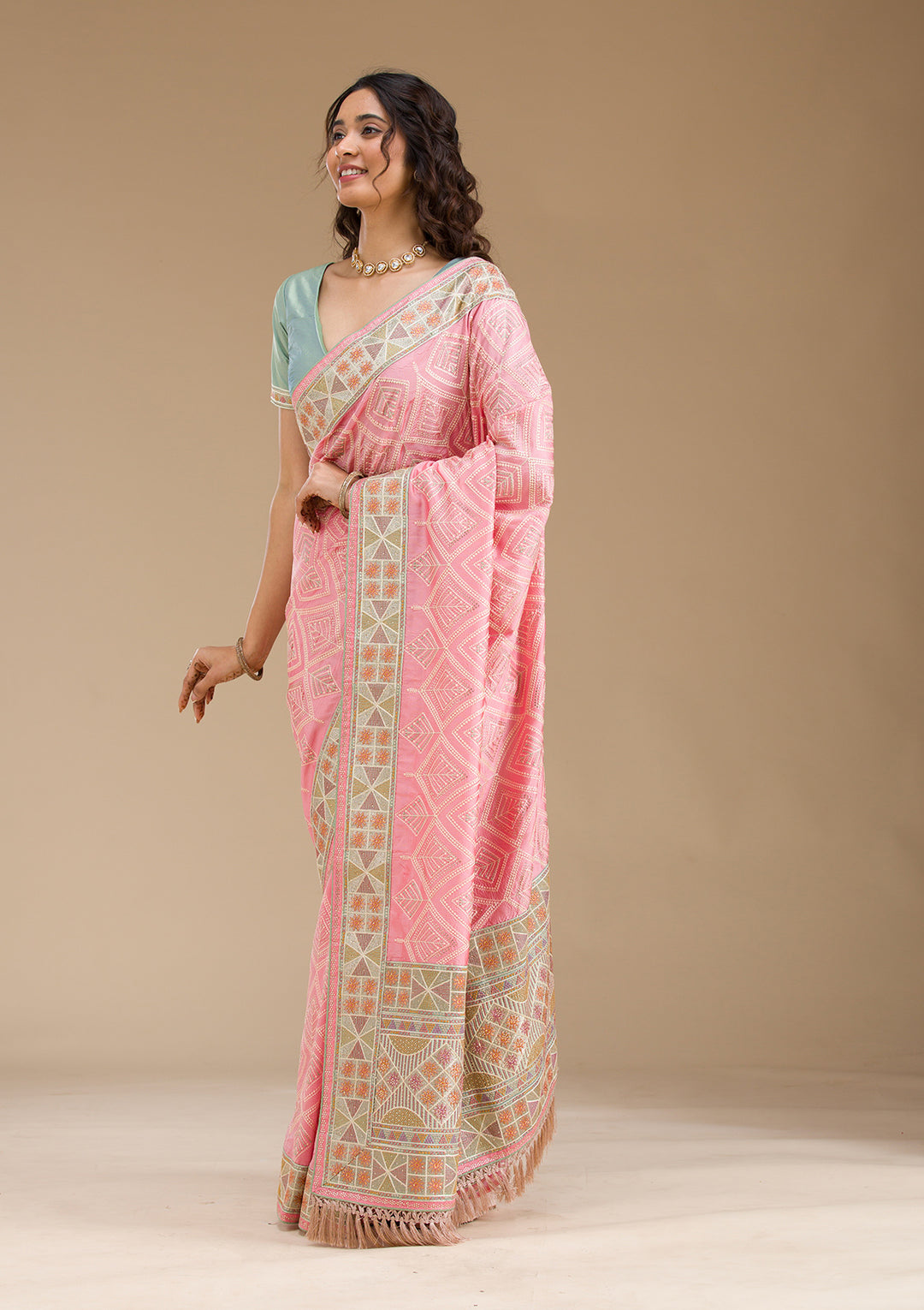 Baby Pink Stonework Imported Fabric Saree