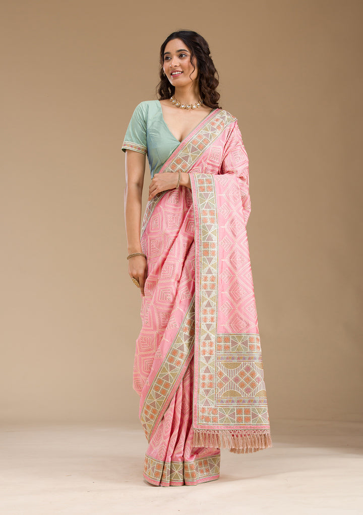 Baby Pink Stonework Imported Fabric Saree