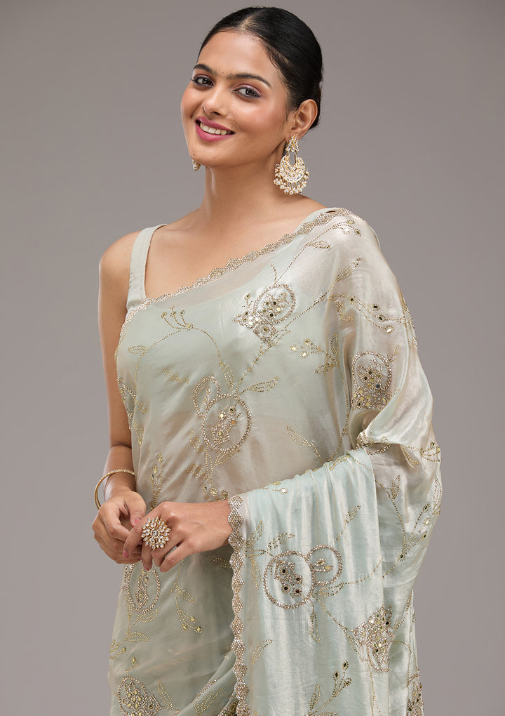 Pista Green Stonework Tissue Saree