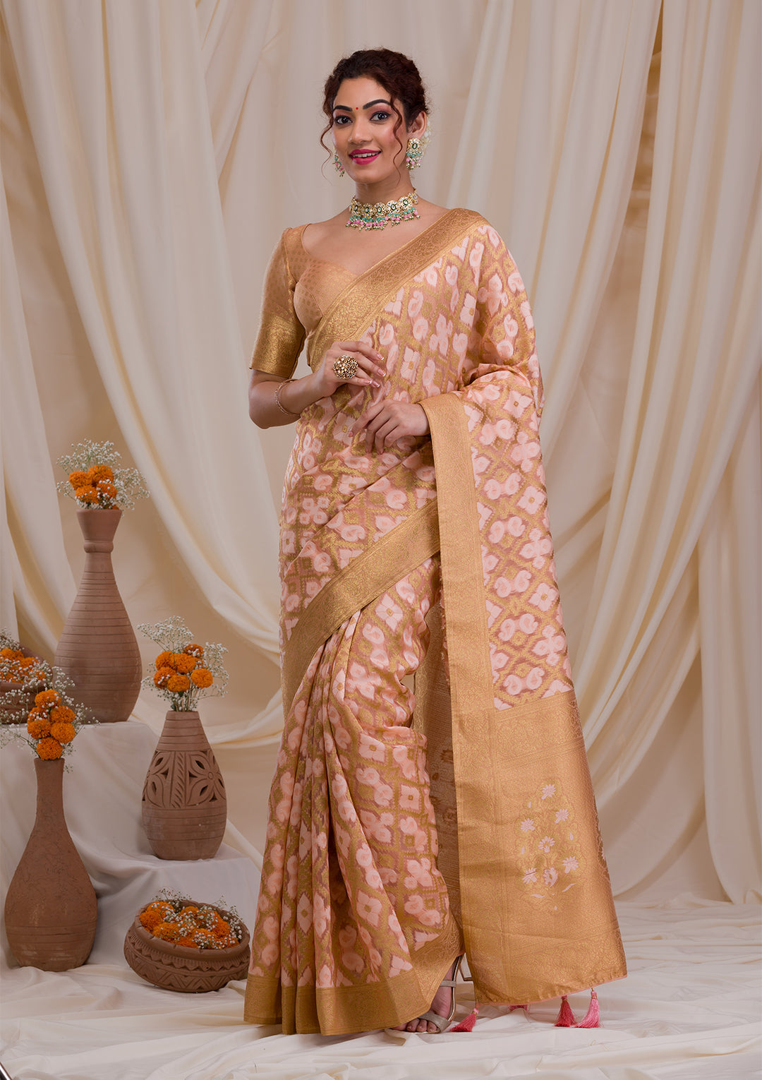 Peach Zariwork Art Silk Saree-Koskii