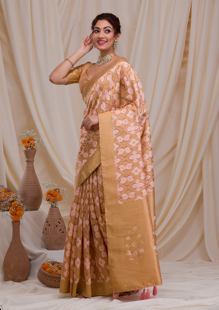 Peach Zariwork Banarasi Silk Saree