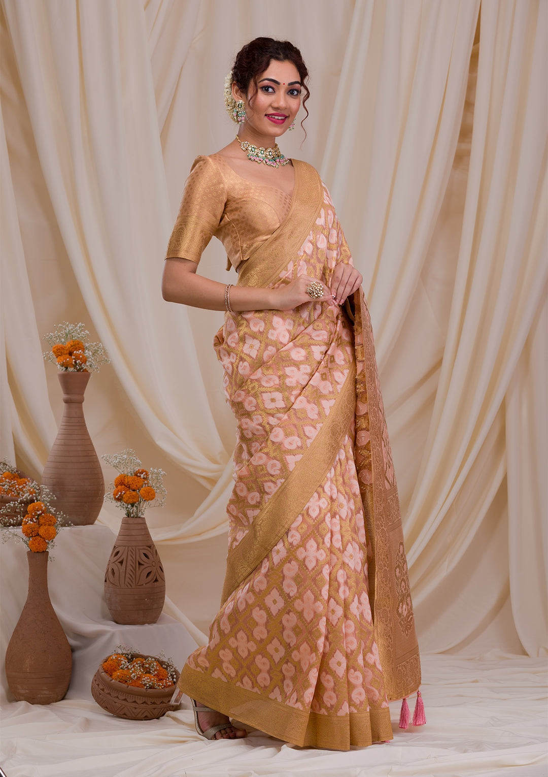 Peach Zariwork Banarasi Silk Saree