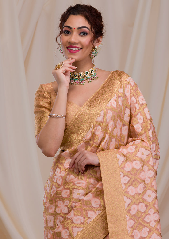 Peach Zariwork Banarasi Silk Saree