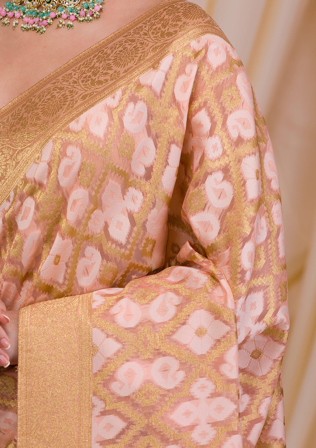 Peach Zariwork Banarasi Silk Saree
