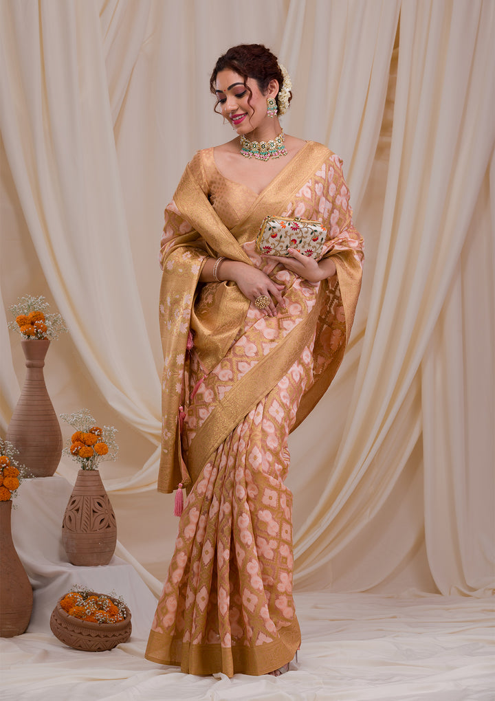 Peach Zariwork Banarasi Silk Saree