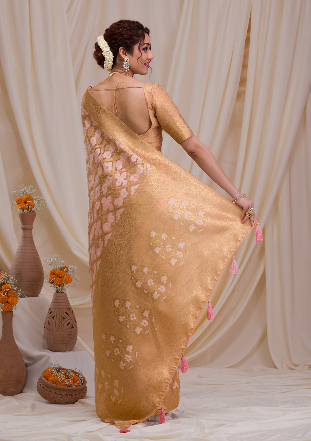 Peach Zariwork Banarasi Silk Saree