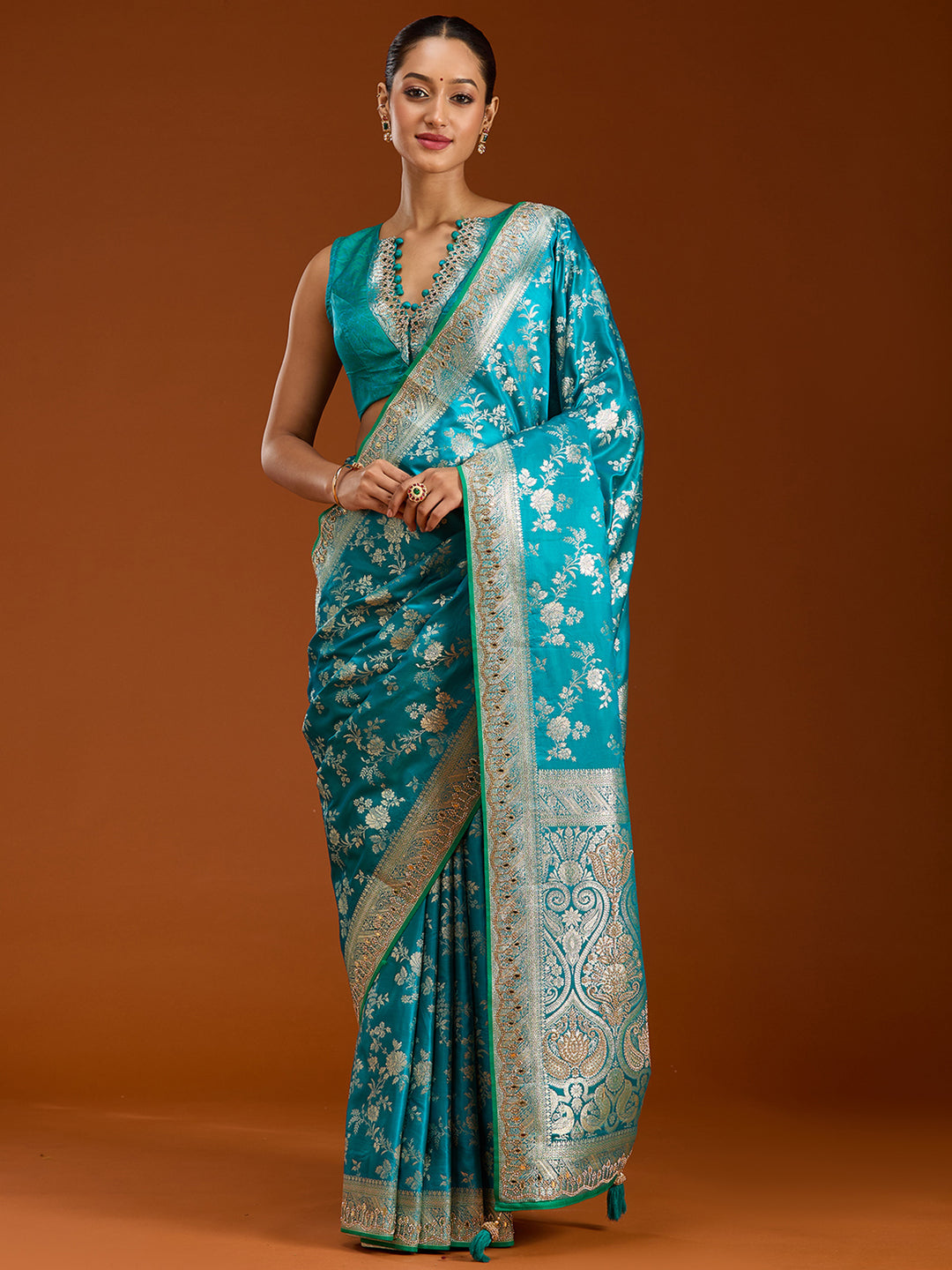 Turquoise Blue Stonework Silk Saree