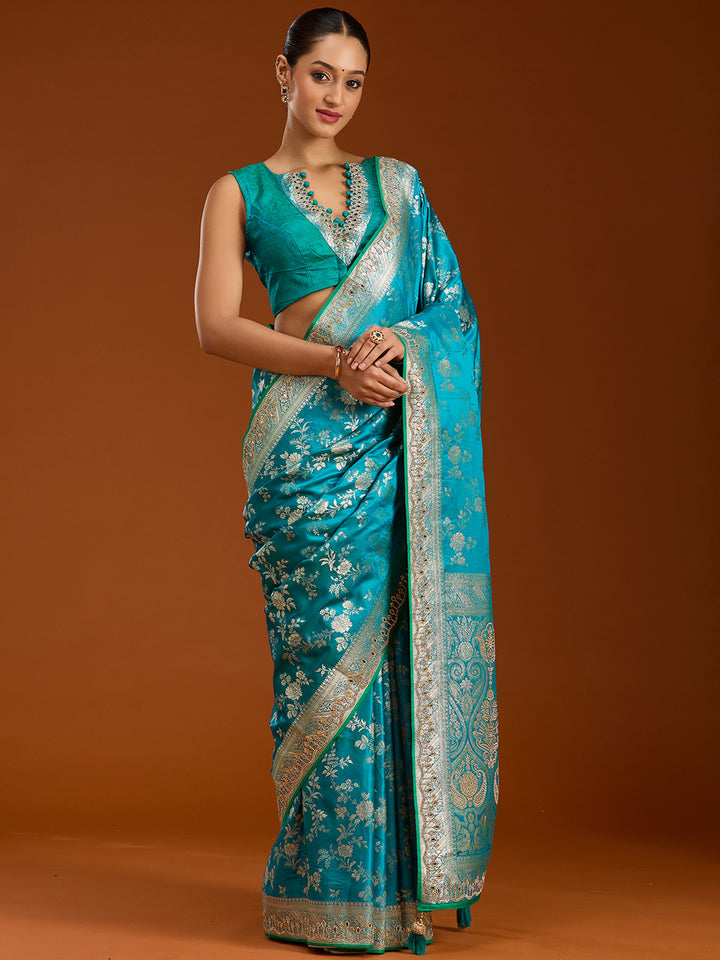 Turquoise Blue Stonework Silk Saree