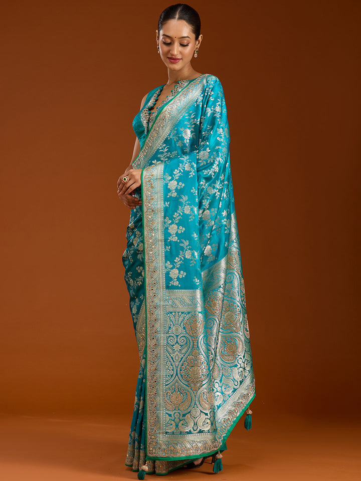 Turquoise Blue Stonework Silk Saree