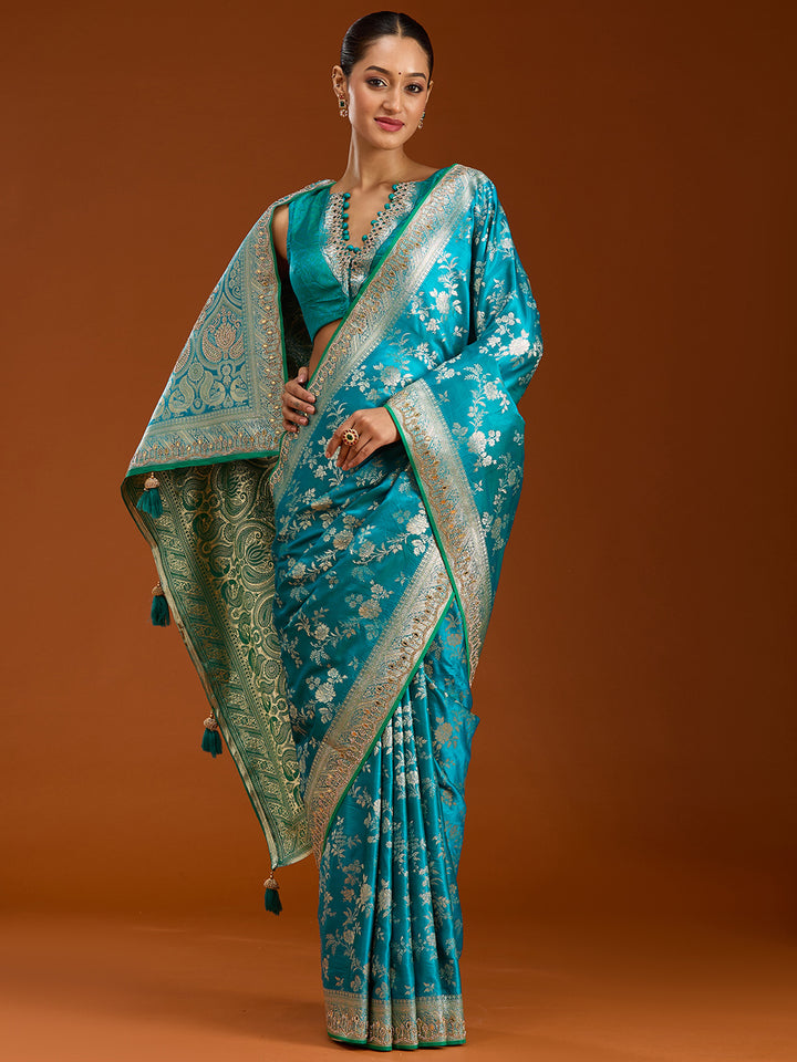 Turquoise Blue Stonework Silk Saree