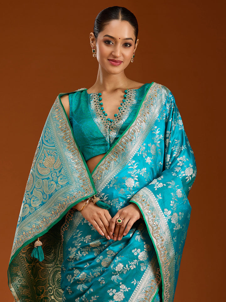 Turquoise Blue Stonework Silk Saree