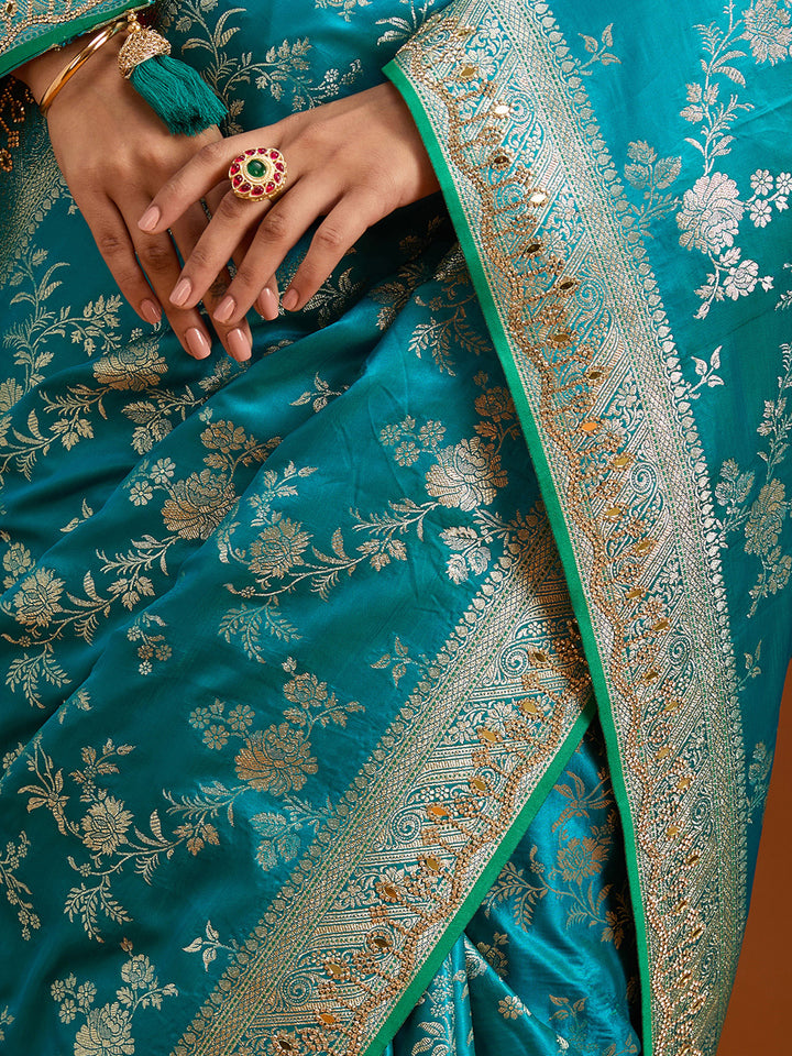 Turquoise Blue Stonework Silk Saree