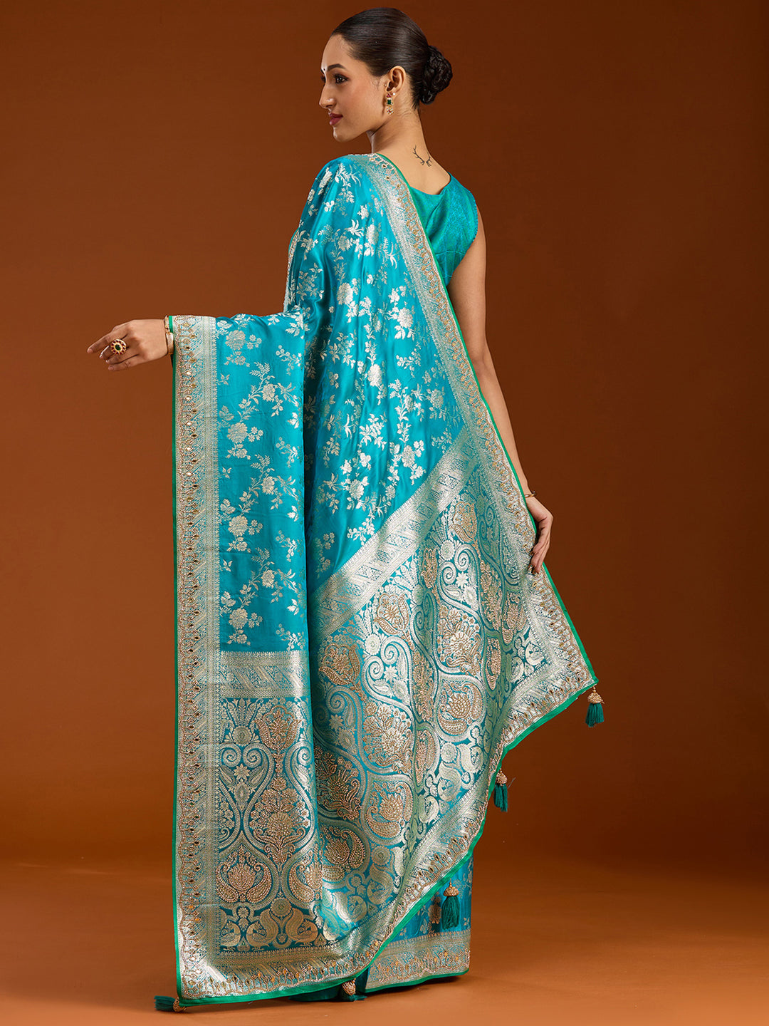 Turquoise Blue Stonework Silk Saree