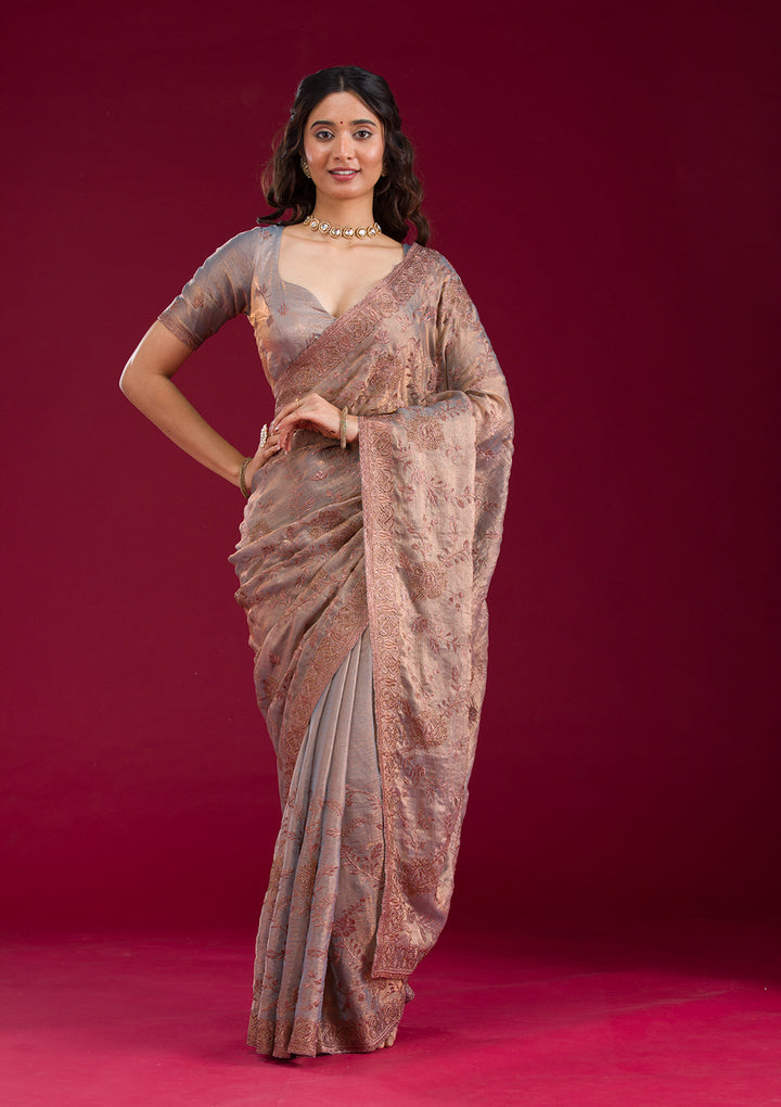 Light Brown Threadwork Raw Silk Saree