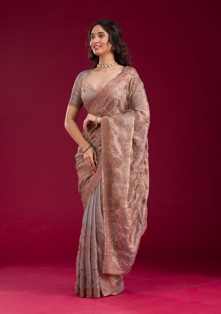 Light Brown Threadwork Raw Silk Saree