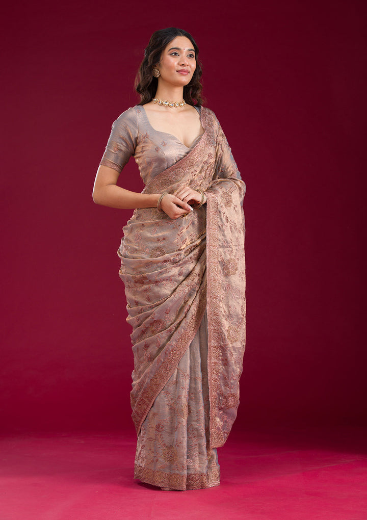 Light Brown Threadwork Raw Silk Saree