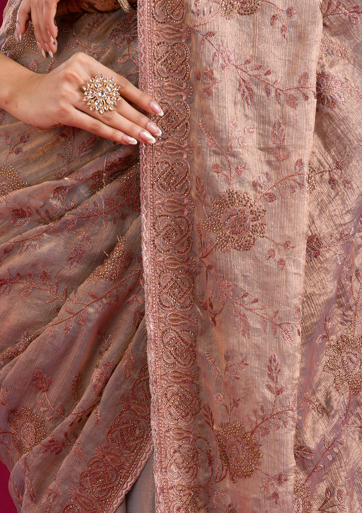 Light Brown Threadwork Raw Silk Saree