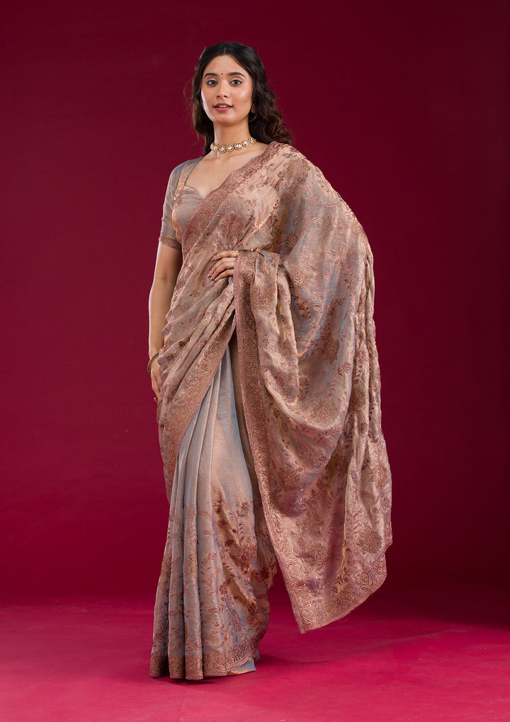 Light Brown Threadwork Raw Silk Saree