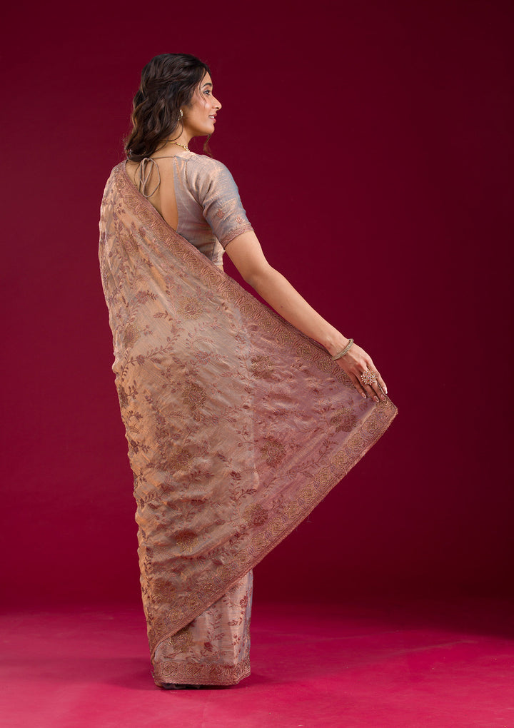 Light Brown Threadwork Raw Silk Saree